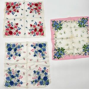 Vintage Cotton Floral Print 3 Piece Handkerchief Set - Pink, Blue, Red on White